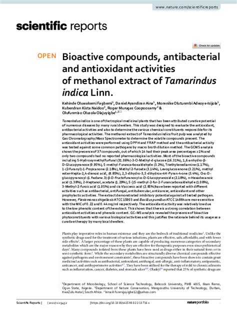 Pdf Bioactive Compounds Antibacterial And Antioxidant Activities Of