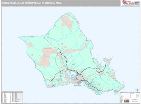 Urban Honolulu HI Metro Area Wall Map Premium Style By MarketMAPS