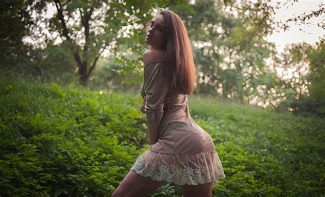 Wallpaper Brunette Women Outdoors Forest Standing Minidress