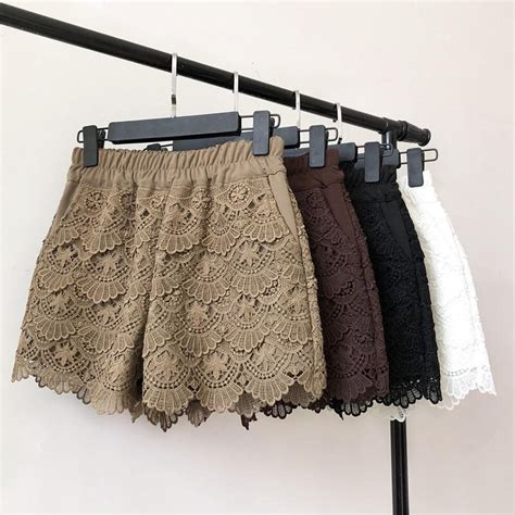 Lace Shorts Women Spring Autumn High Waist Shorts Elastic Wide Leg Short Shorts Black White