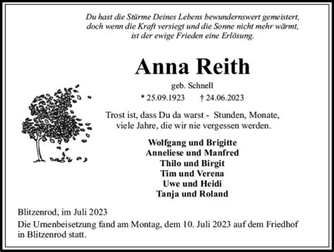 Traueranzeigen Von Anna Reith Vrm Trauer De