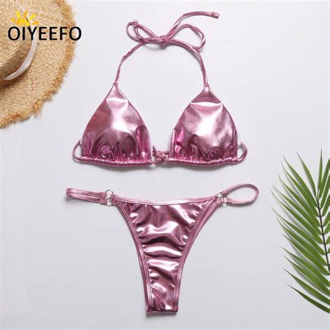 Wholesale Oiyeefo Shiny Gold Meterial Bikini Brazilian Tanga Biquine