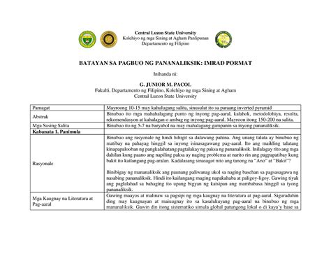 Batayan Sa Pagbuo Ng Pananaliksik Imrad Pormat Central Luzon State