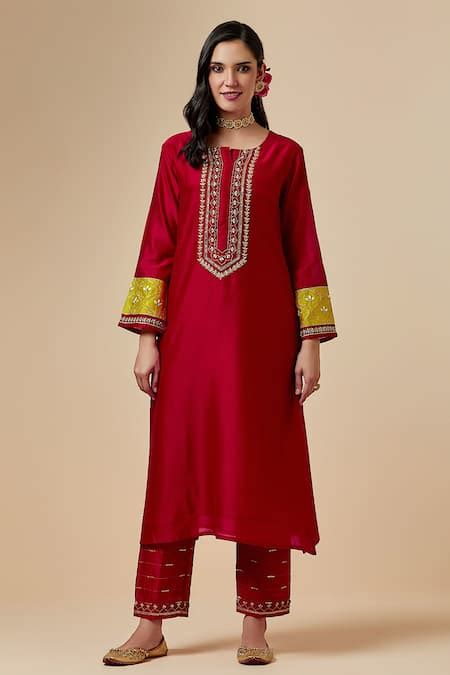 Buy Red Silk Chanderi Embroidered Floral Round Kurta For Women By