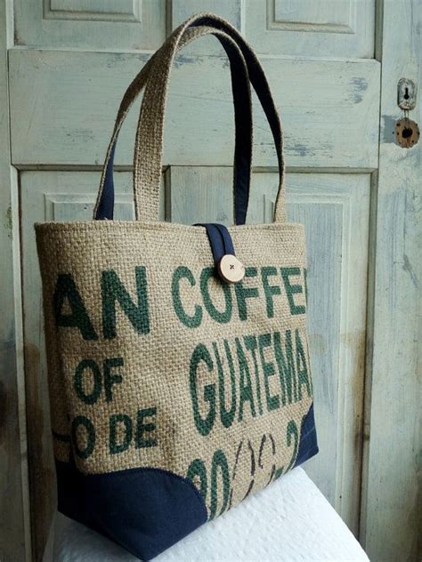 Upcycled Tote Everyday Bag Book Bag Burlap Coffee Sack Navy Blue