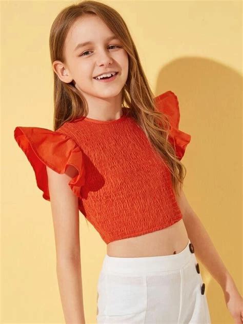 Girls Neon Orange Exaggerate Ruffle Armhole Shirred Top In 2021 Crop