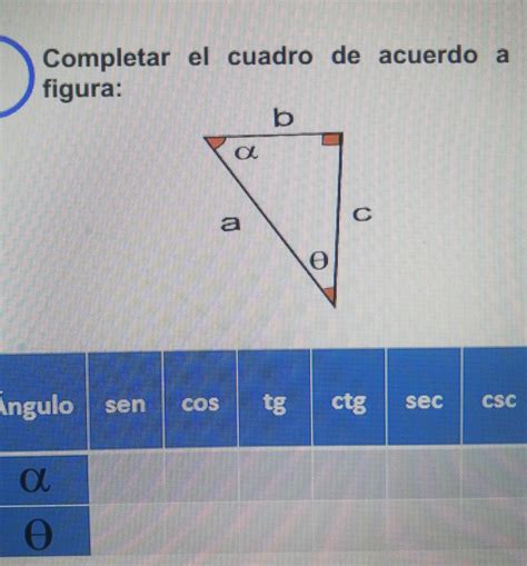 Completar El Cuadro De Acuerdo A La Figura B U Angulo Sen Cos Tg Ctg