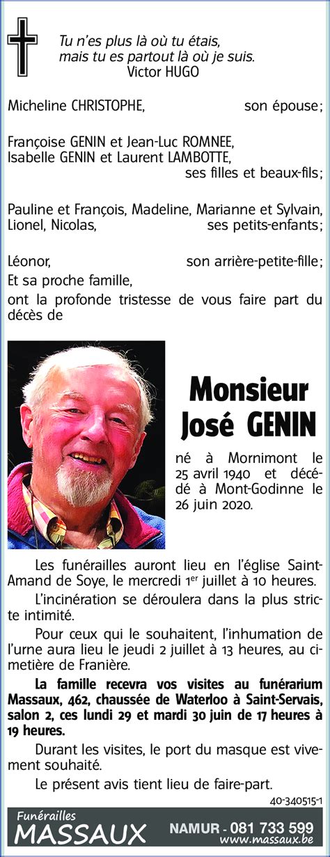 Avis De Décès De José Genin Décédé Le 26062020 à Yvoir Annonce