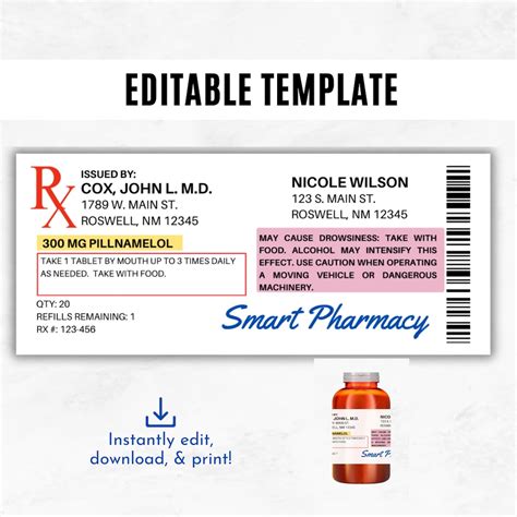 Prescription Label Template Editable Horizontal RX Bottle Label Template Pill Bottle Label ...