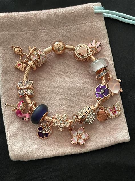 Linx Rose Gold Snake Chain Bracelet With Pink And Purple Themed Charms