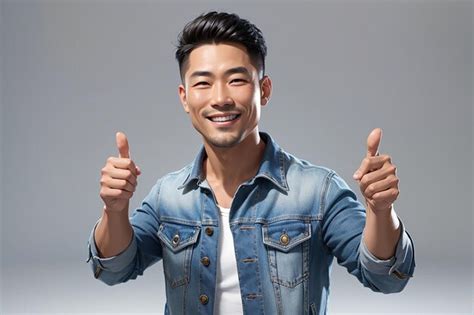 Premium Photo A Handsome Adult Asian Man Wearing Denim Jacket Smiling