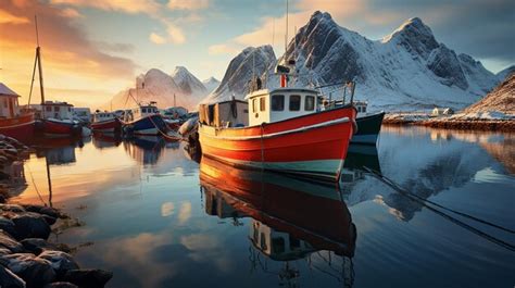 Premium AI Image | Lofoten Islands' Sunset Sea Stacks and Floating Boats