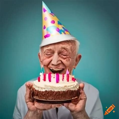 Elderly Man Celebrating His Birthday With A Cake On Craiyon