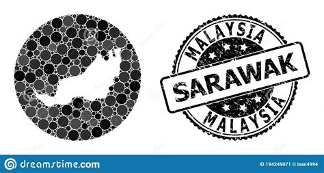 Mosaic Stencil Circle Map Of Sarawak And Rubber Seal Stock Vector