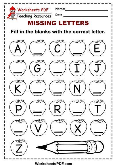 The Missing Letters Worksheet Is Shown With An Apple And Pencil In Front Of It