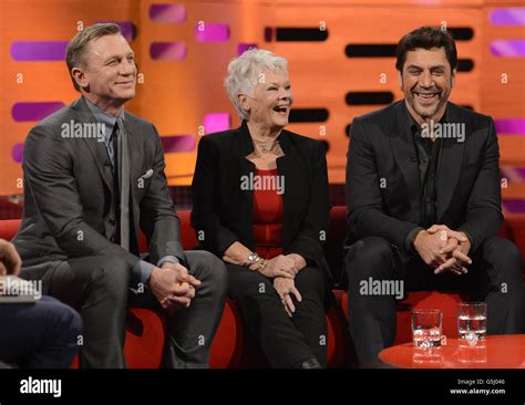 Guests Daniel Craig, Dame Judi Dench, and Javier Bardem at the filming ...