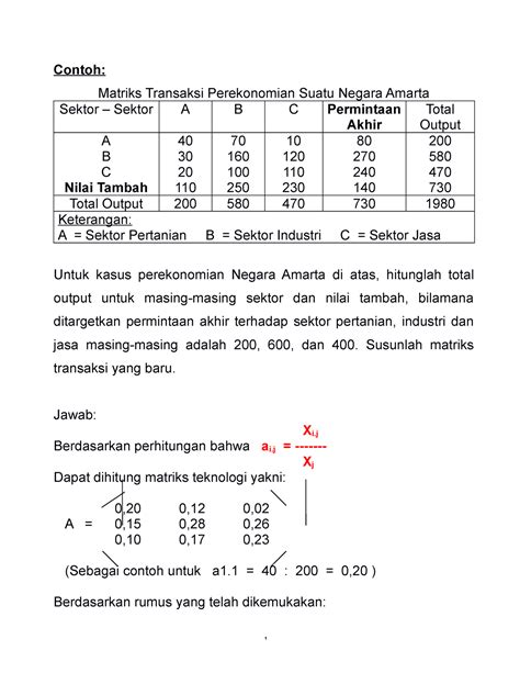 Contoh Soal Analysis Input Output Contoh Matriks Transaksi Perekonomian Suatu Negara Amarta