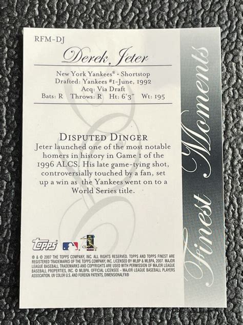 DEREK JETER 2007 TOPPS FINEST FINEST MOMENT DISPUTED DINGER YANKEES