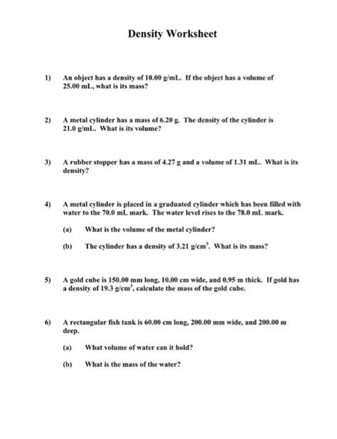 Density Mass Volume Worksheet