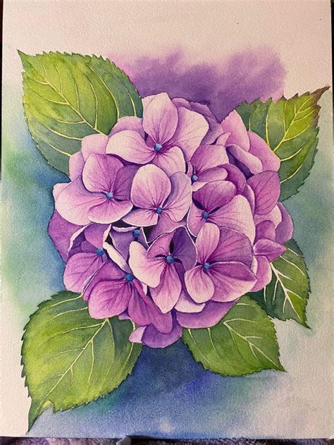 A Watercolor Painting Of Purple Flowers With Green Leaves