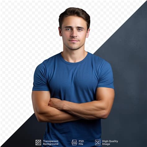 Premium Psd A Man In A Blue Shirt Stands In Front Of A Black