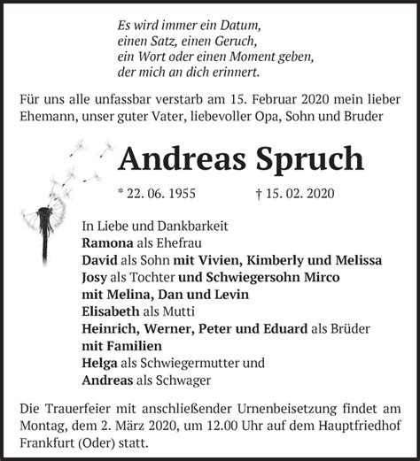 Traueranzeigen von Andreas Spruch Märkische Onlinezeitung Trauerportal