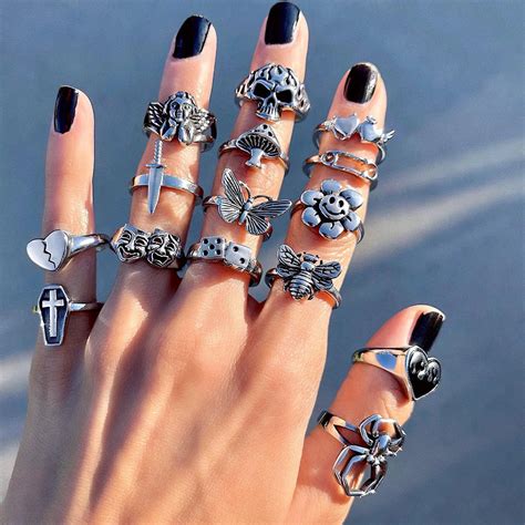 Goth Accessories Vintage Rings Set For Women Egirl Gothic Cross