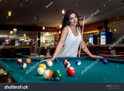 Beautiful Brunette Woman Standing Behind Billiard Stock Photo 1187347723 Shutterstock