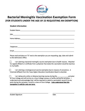 Fillable Online Cisco Bacterial Meningitis Vaccination Exemption Form