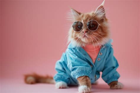 Gato Naranja Con Ropa Azul Y Gafas De Sol En Fondo Rosa Imagen