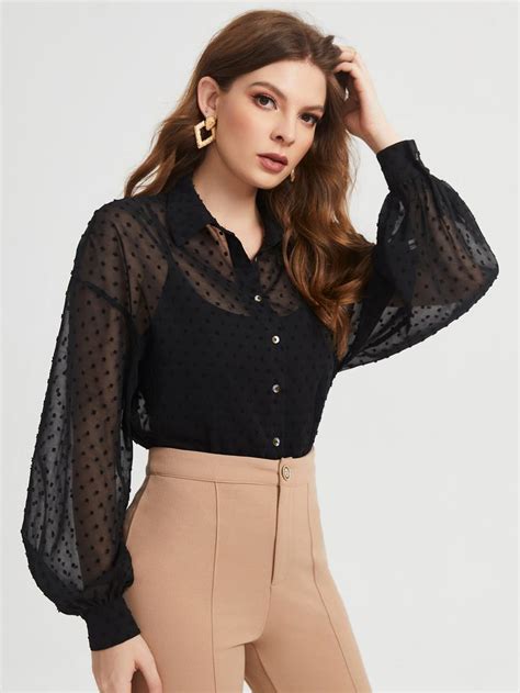 Shein Polka Dot Print Bishop Sleeve Chiffon Blouse Without Bra Shein