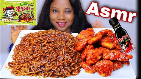 ASMR KOREAN BLACK BEAN RAMEN NOODLES AND SPICY CHICKEN NUGGETS