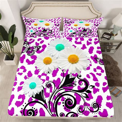 Yst Purple Leopard Print Queen Fitted Sheet Girly Daisy Floral Sheets