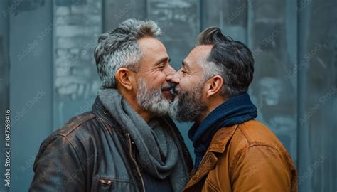 Two Senior Gay Men Hugging And Kissing On Mature Adult Romantic Love Lgbt Relationship And
