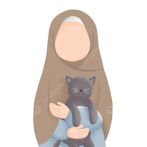 Gambar Muslimah Berhijab Coklat Menggendong Kucing Lucu Kartun