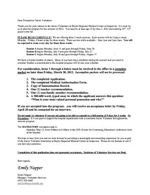 Fillable Online Dear Prospective Junior Volunteer Fax Email Print