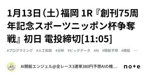 1月13日（土）福岡 1r 『創刊75周年記念スポーツニッポン杯争奪戦』 初日 電投締切 1105 ｜ai競艇エンジェル全レース3連単