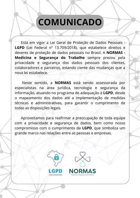 COMUNICADO LEI LGPD Normas Medicina e Segurança do Trabalho Médicos