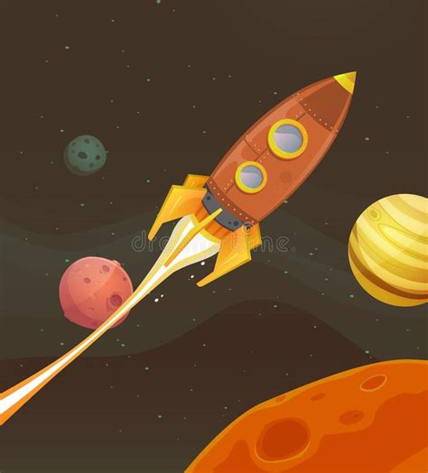 Rocket Ship Flying Through Space. Illustration of a cartoon retro red ...