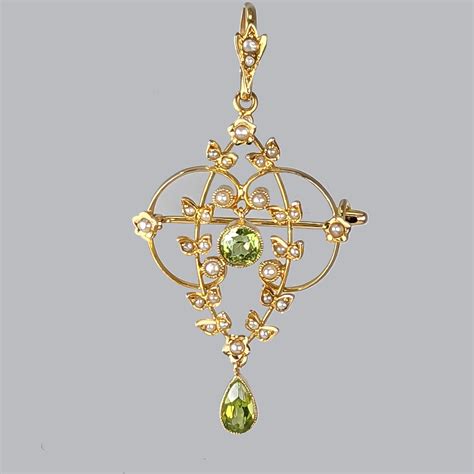 Antique Peridot Pendant Brooch With Beautiful Seed Pearl Accents