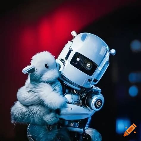 Shiny Robot Hugging A Cute Cuddly Animal With Protective Leakage On Craiyon