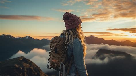 Premium Photo | A woman on top of a mountain peak with view of clouds and sunrise