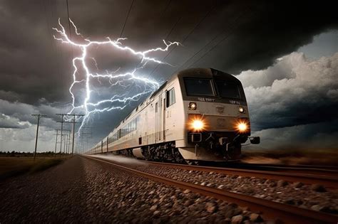 Premium AI Image | Train speeding past stormy sky with lightning bolts ...