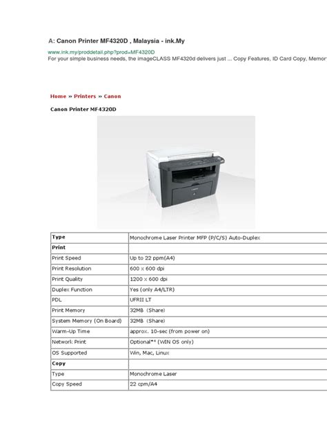 Canon MF4320D Monochrome Laser Printer - 22ppm, 600x600dpi, 250 Sheet ...