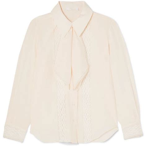 Chlo Pussy Bow Lace Trimmed Silk Crepe De Chine Blouse Liked On Polyvore Featuring Tops