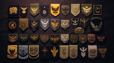 A collection of military patches and insignias displayed on a canvas ...