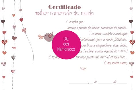 Objetos Especiais Certificado Melhor Namorado Do Mundo Gr Tis Para