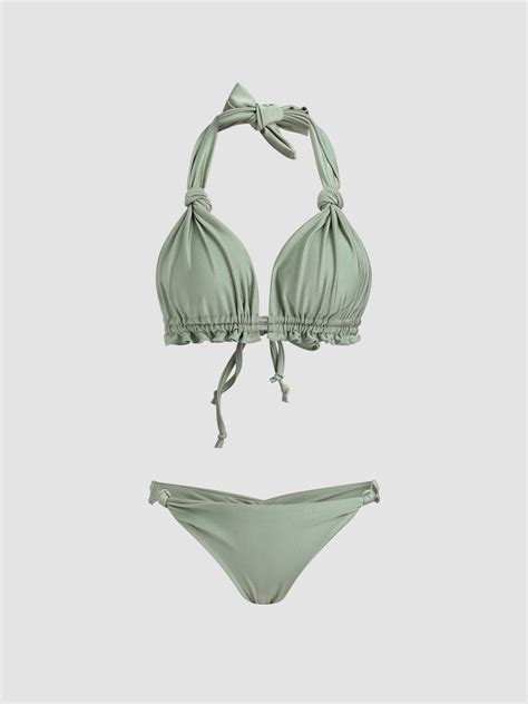 Solid Ruffle Bow Bikini Set Cider