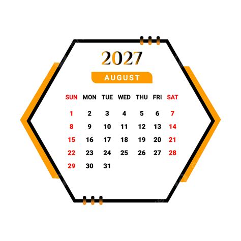 August Month Calendar With Yellow And Black Vector Monthly