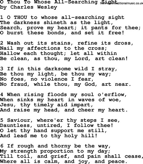 O Thou To Whose All Searching Sight By Charles Wesley Hymn Lyrics